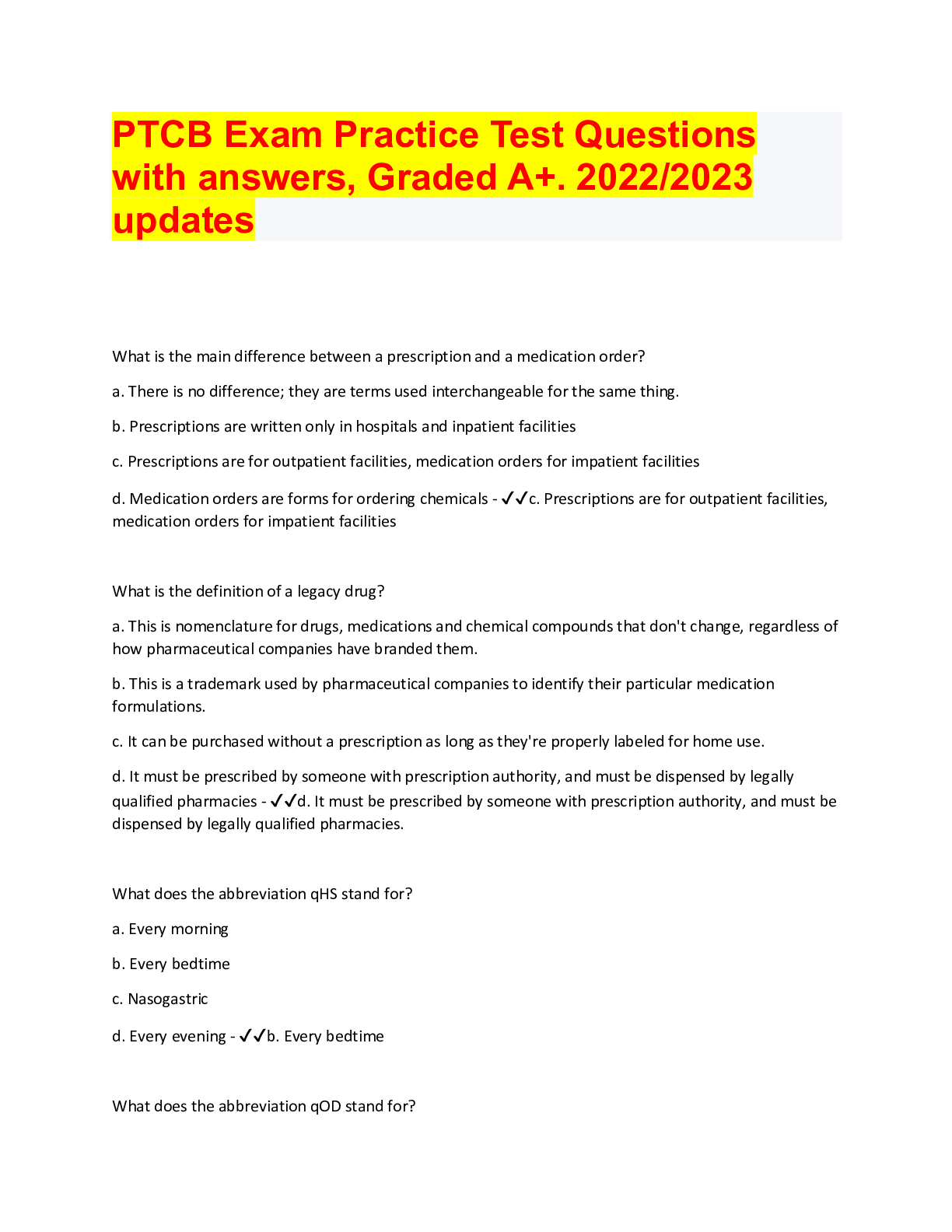 PTCB Exam Practice Test Questions with answers, Graded A+. 2022/2023